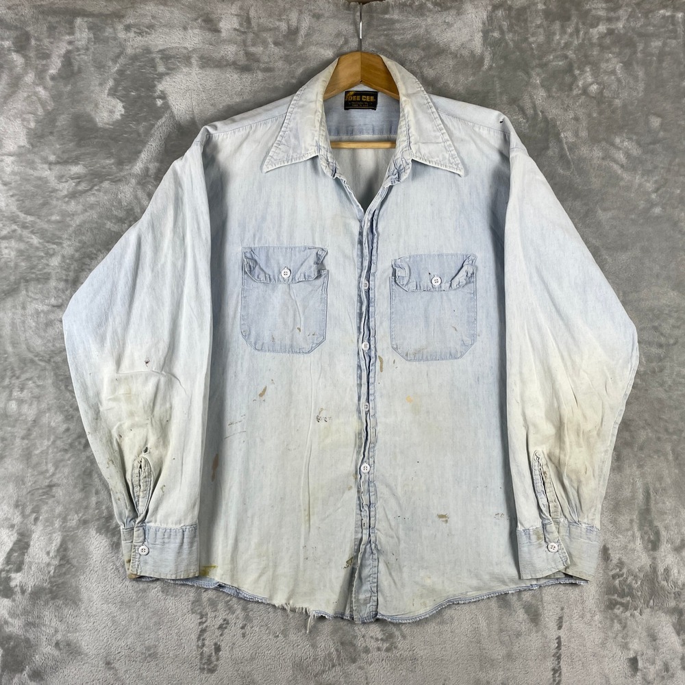 Vintage 1960s Dee Cee Chambray Shirt Mens XL Made in USA Faded Distressed Cotton